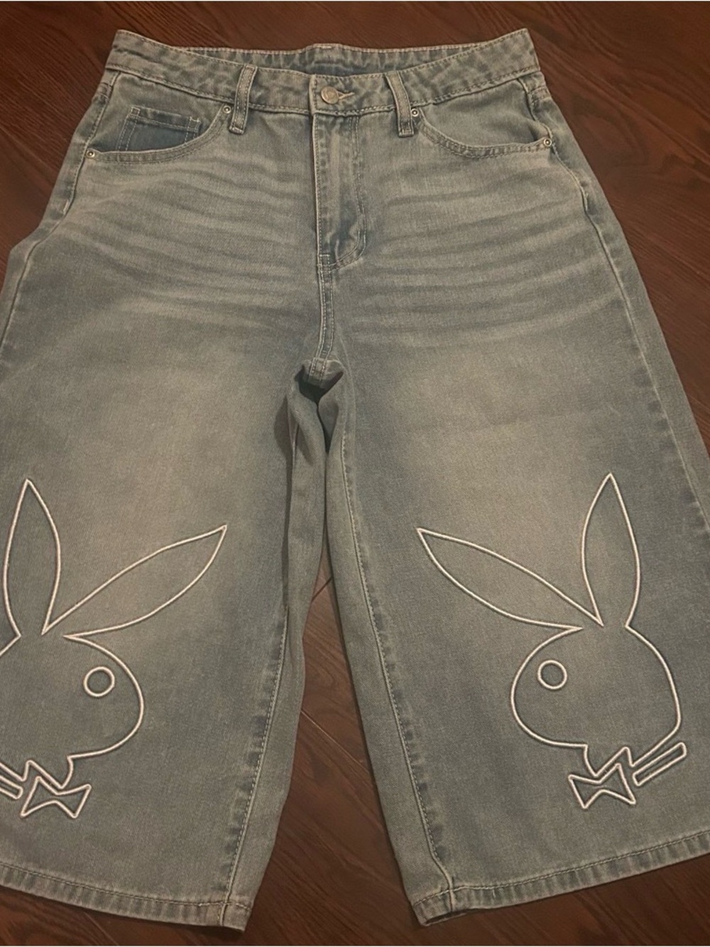 PLAYBOY Blue Washed Denim Shorts with Embroidered Bunny Logos